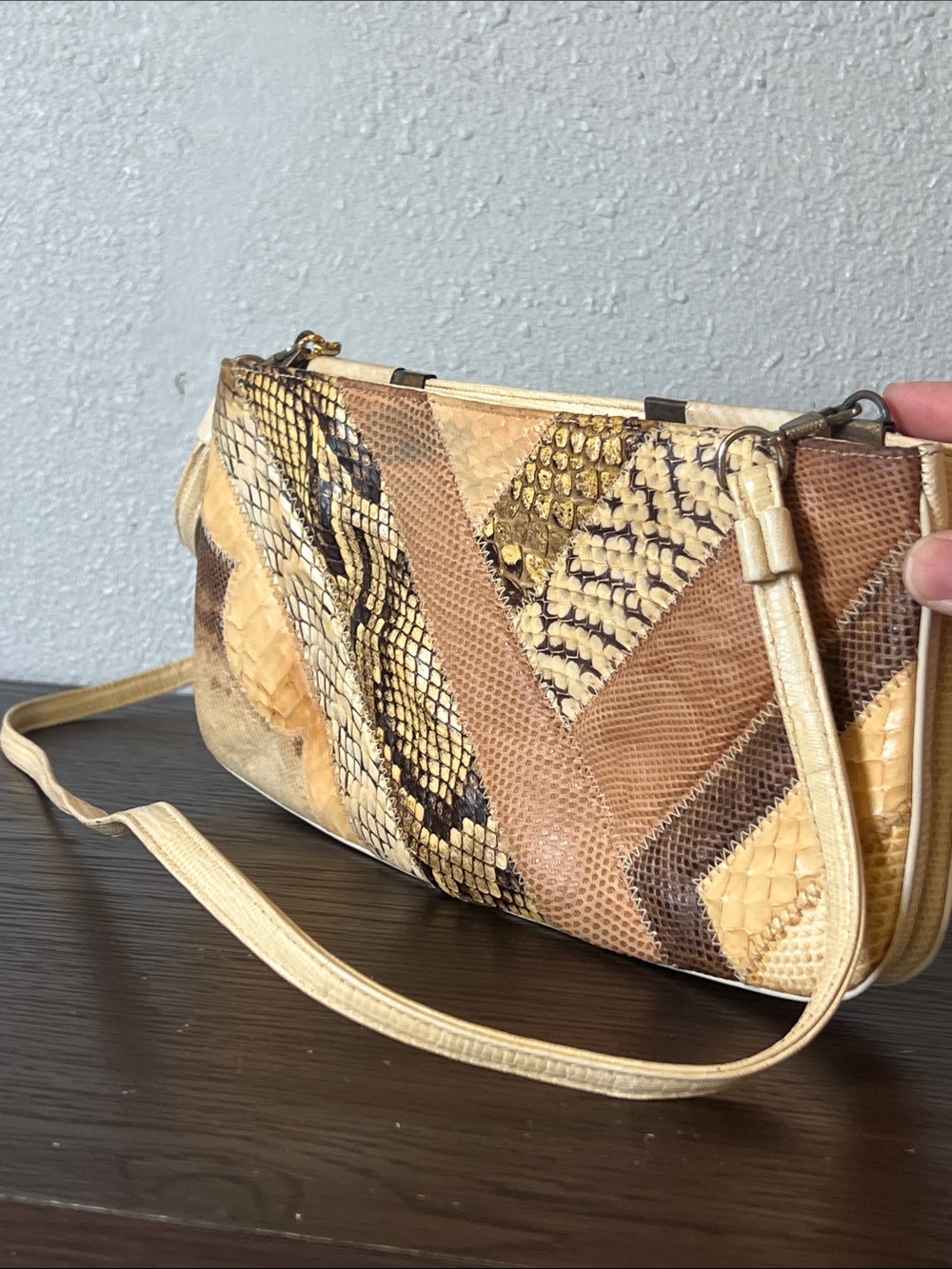 Patchwork Snake-Texture Wristlet Clutch in Yellow and Brown - Picture 4 of 6